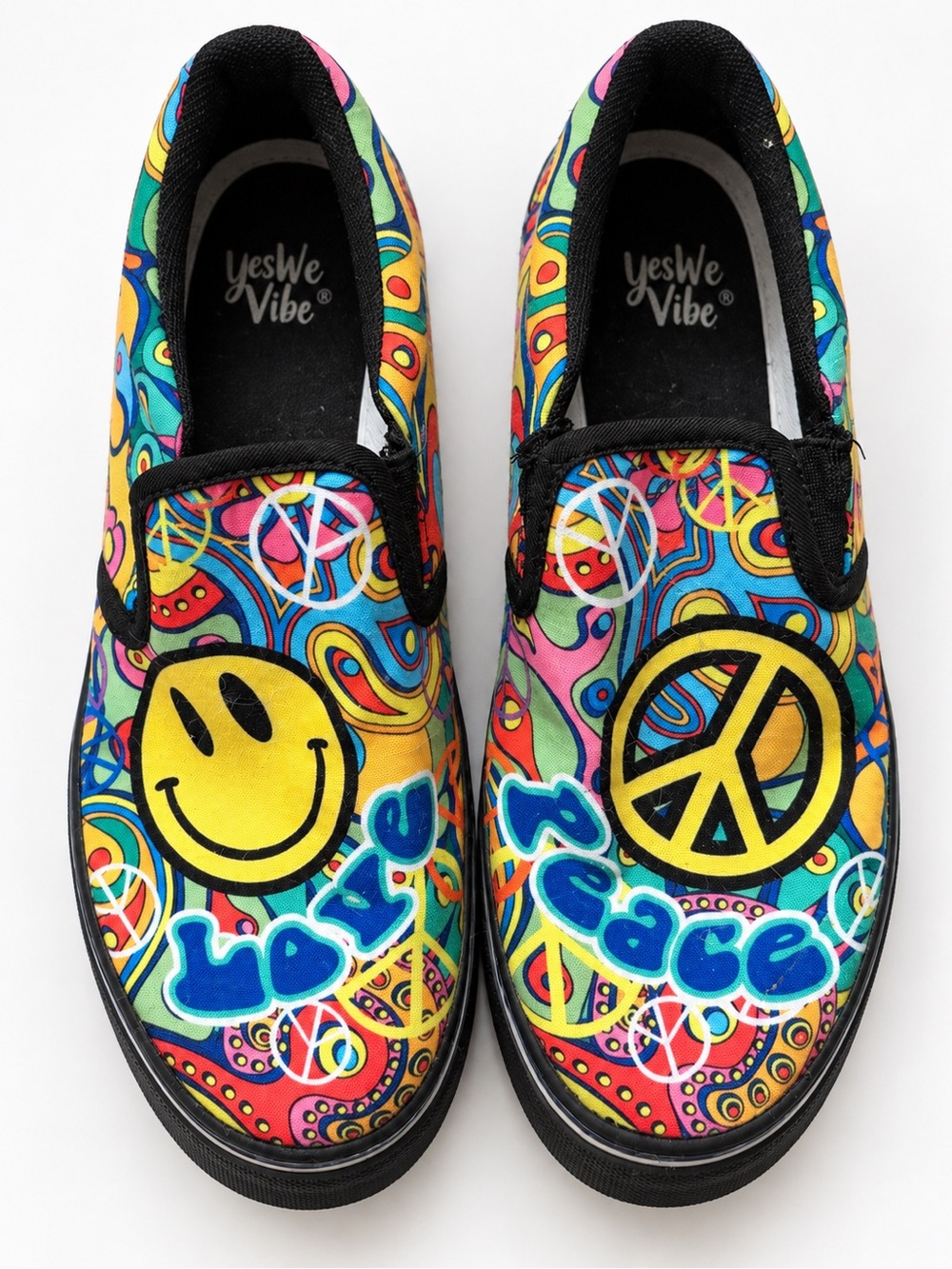 YesWeVibe Men's Slip-On Sneakers in Multicolor Peace & Smile Print